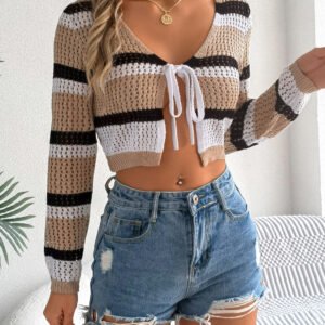 Tied Openwork Long Sleeve Knit Top