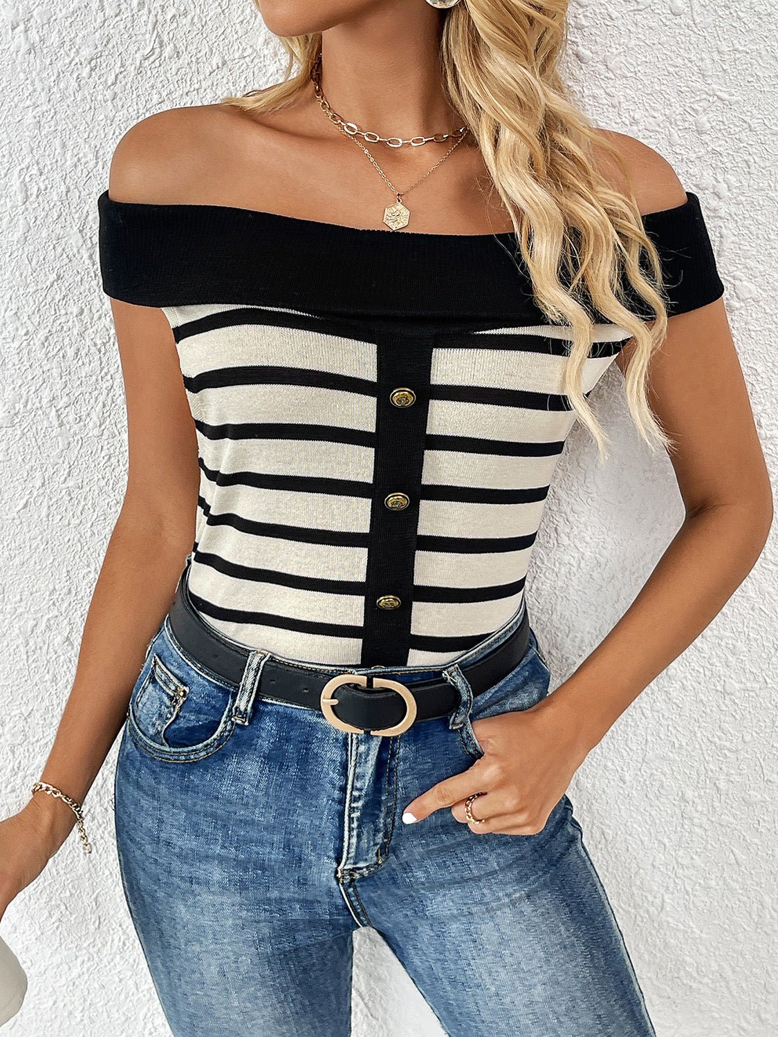 Decorative Button Striped Off-Shoulder Knit Top - Image 14