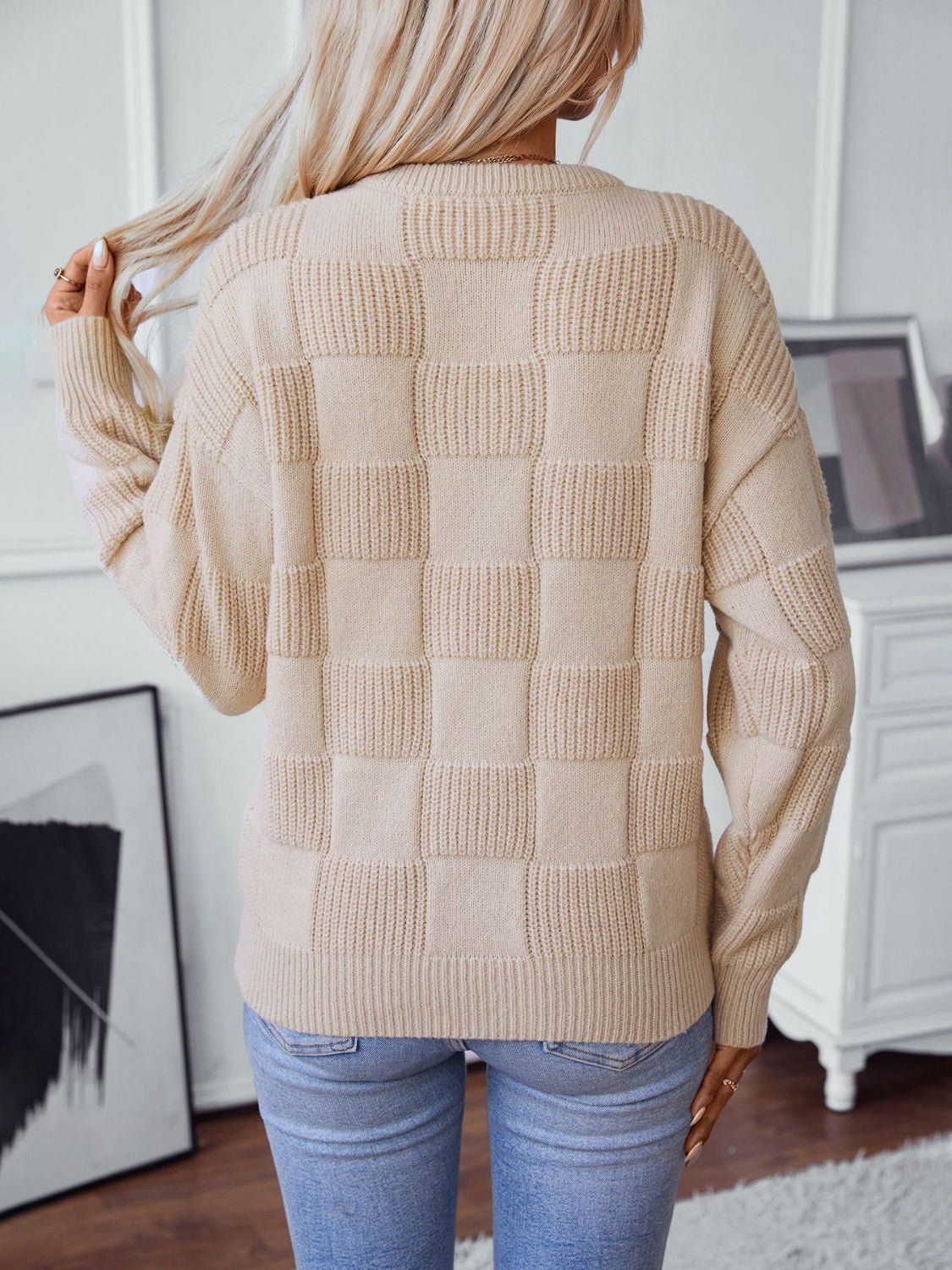 Checkered Round Neck Long Sleeve Sweater - Image 2