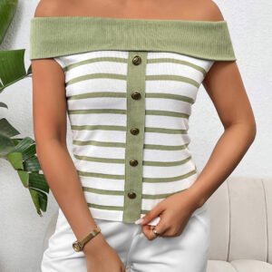 Decorative Button Striped Off-Shoulder Knit Top