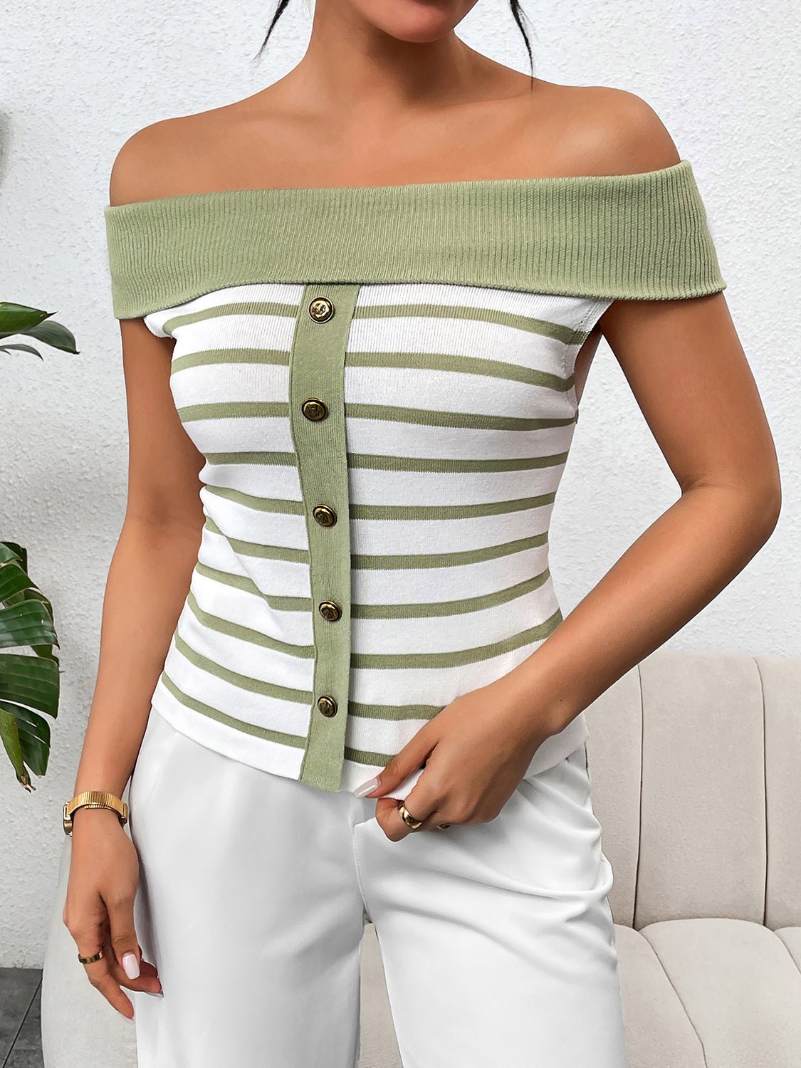 Decorative Button Striped Off-Shoulder Knit Top - Image 3