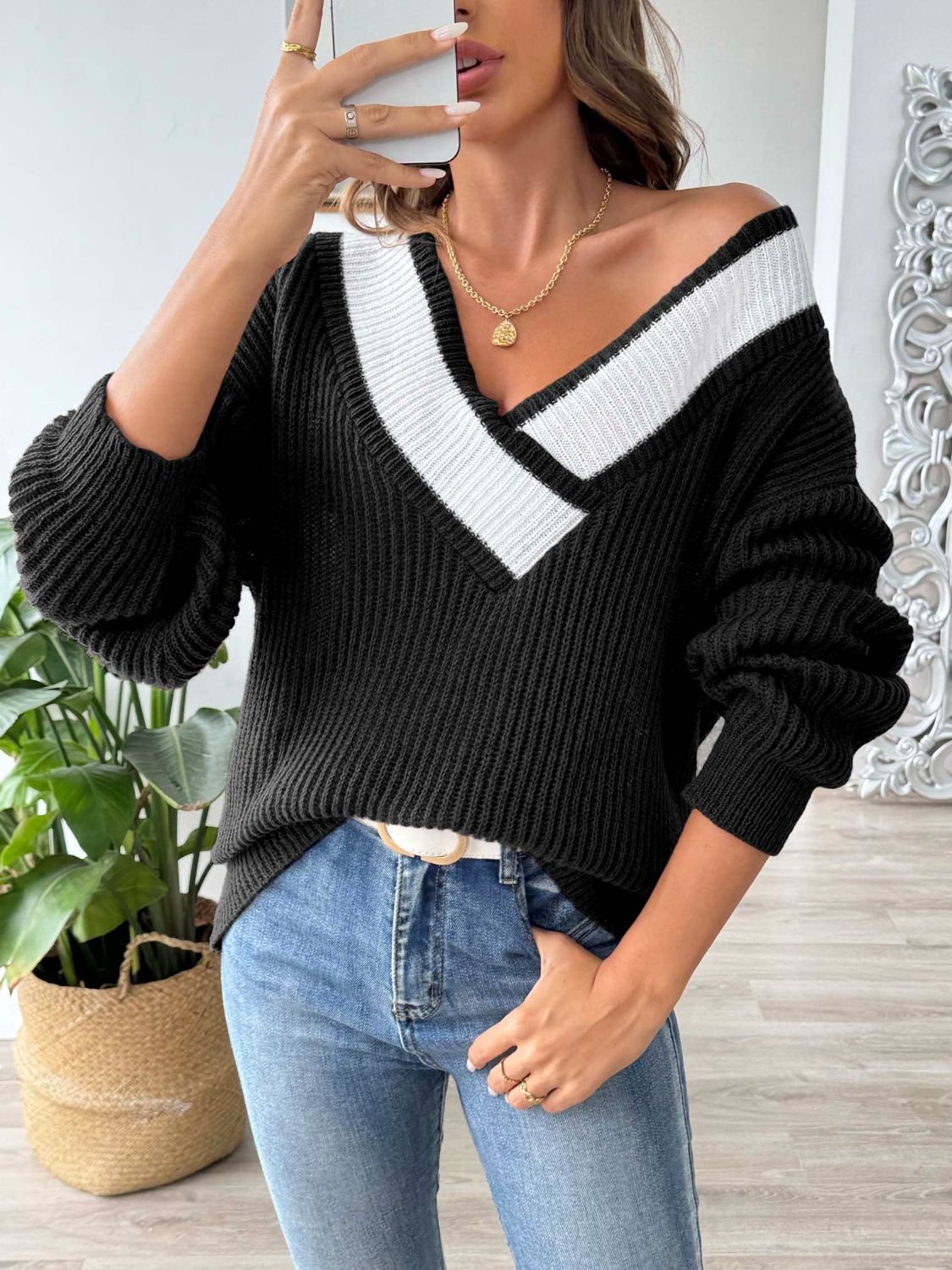 Contrast Dropped Shoulder Long Sleeve Sweater - Image 9