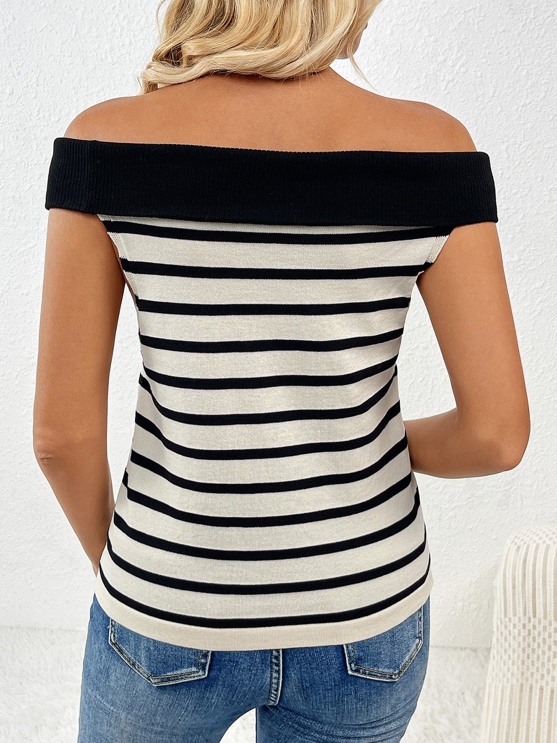 Decorative Button Striped Off-Shoulder Knit Top - Image 15