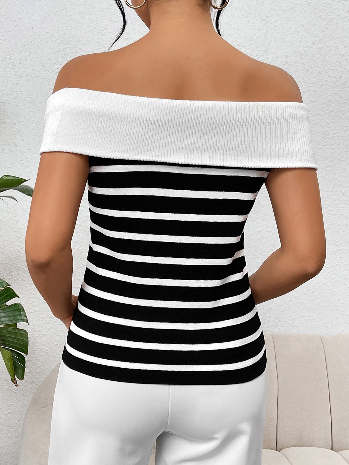 Decorative Button Striped Off-Shoulder Knit Top - Image 12