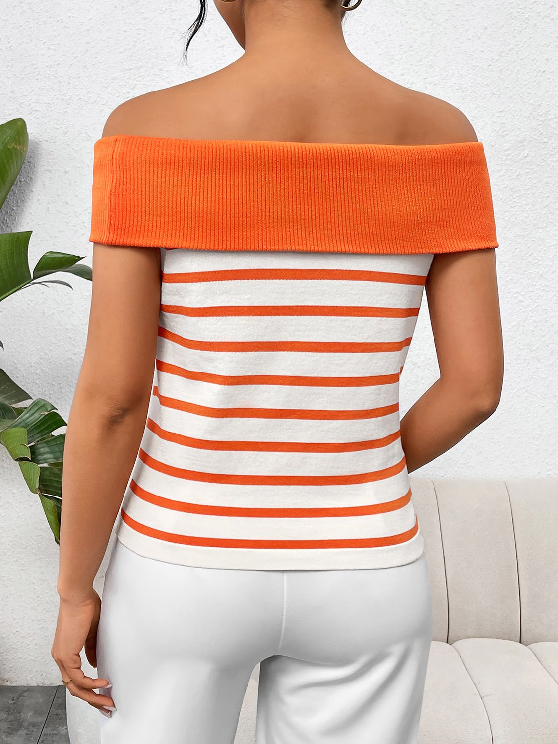 Decorative Button Striped Off-Shoulder Knit Top - Image 8