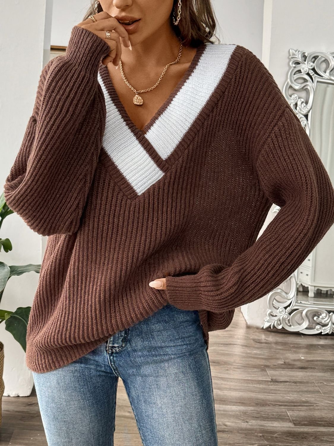 Contrast Dropped Shoulder Long Sleeve Sweater - Image 3