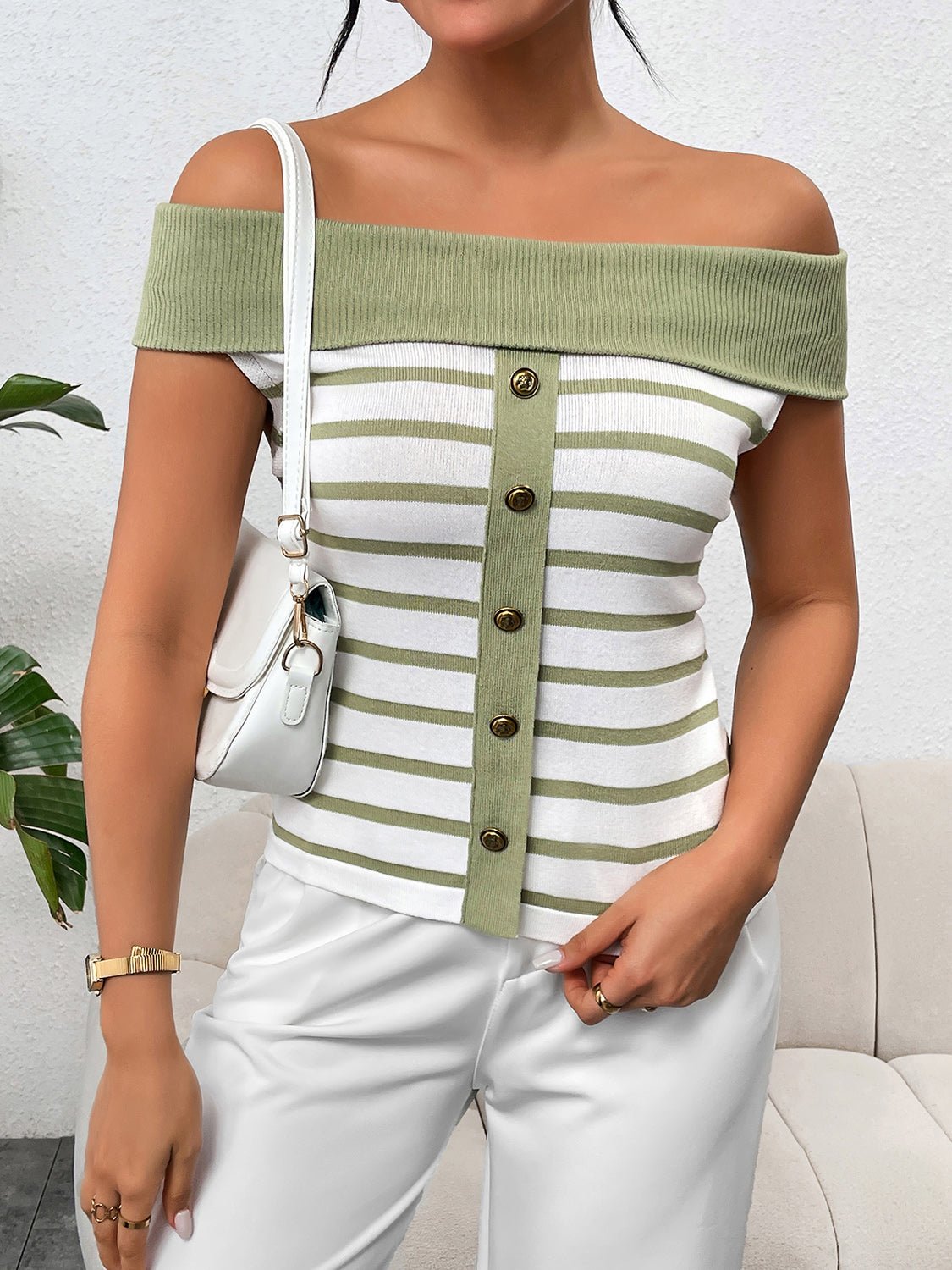 Decorative Button Striped Off-Shoulder Knit Top - Image 4