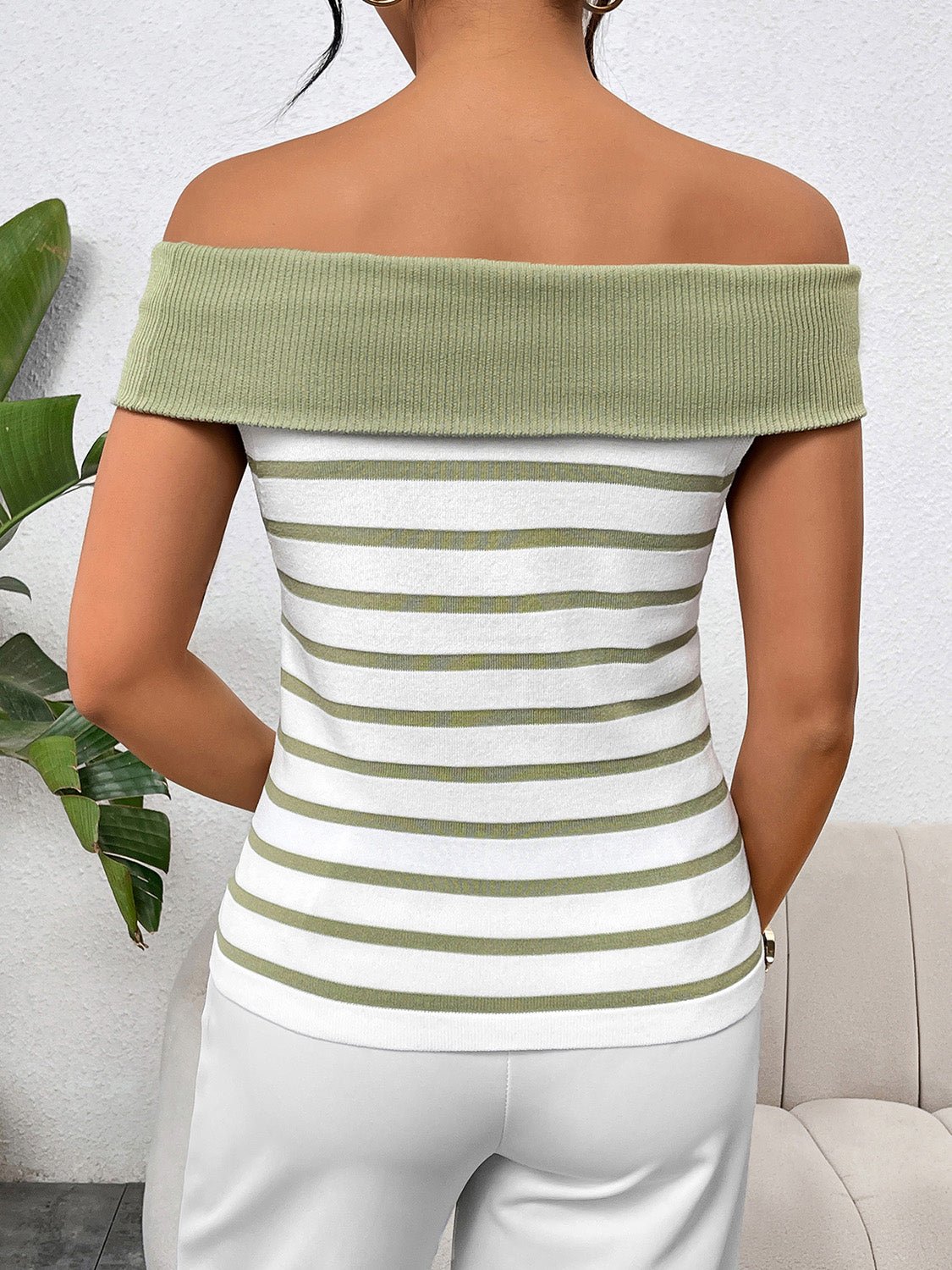 Decorative Button Striped Off-Shoulder Knit Top - Image 2