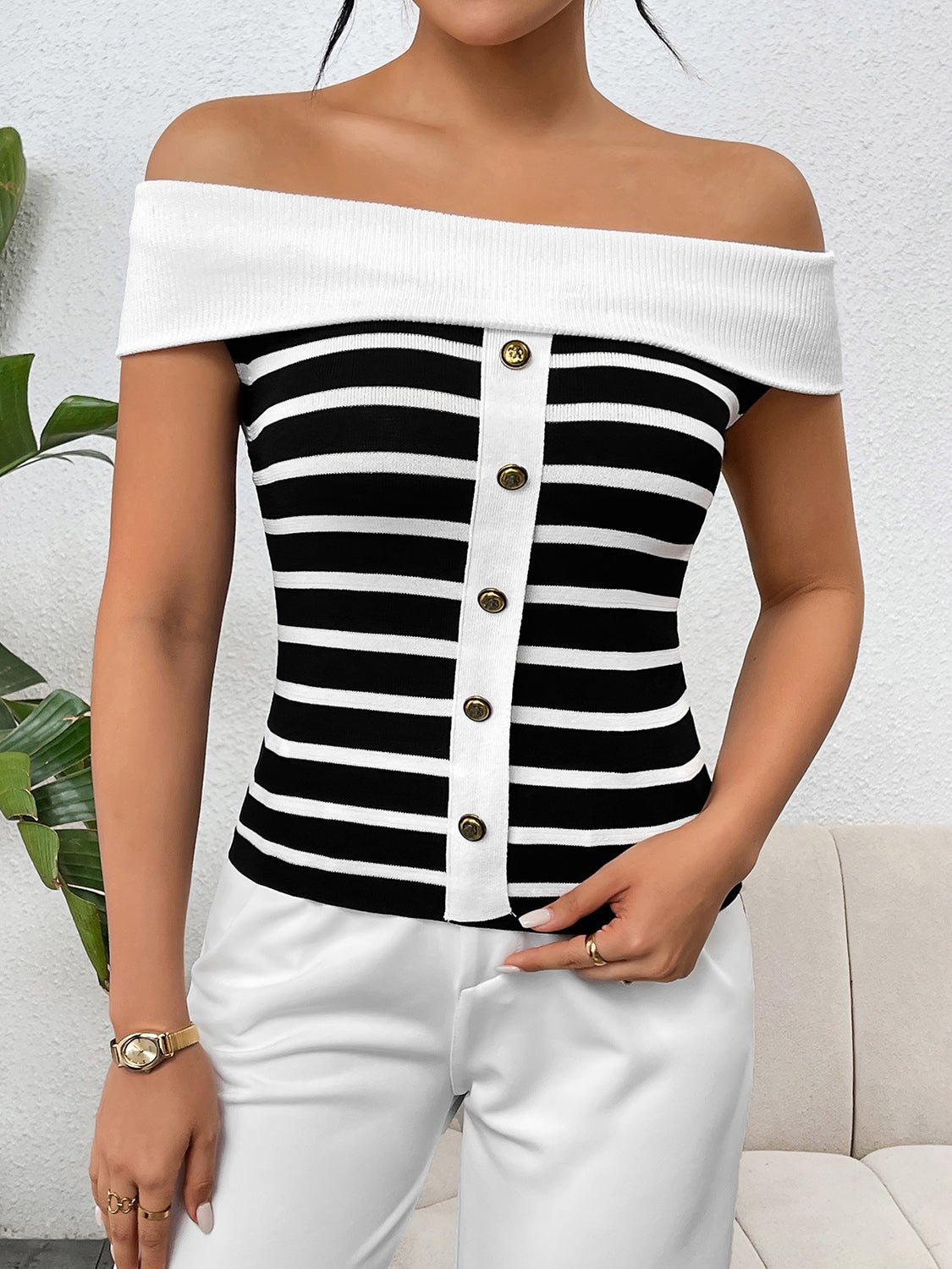 Decorative Button Striped Off-Shoulder Knit Top - Image 11