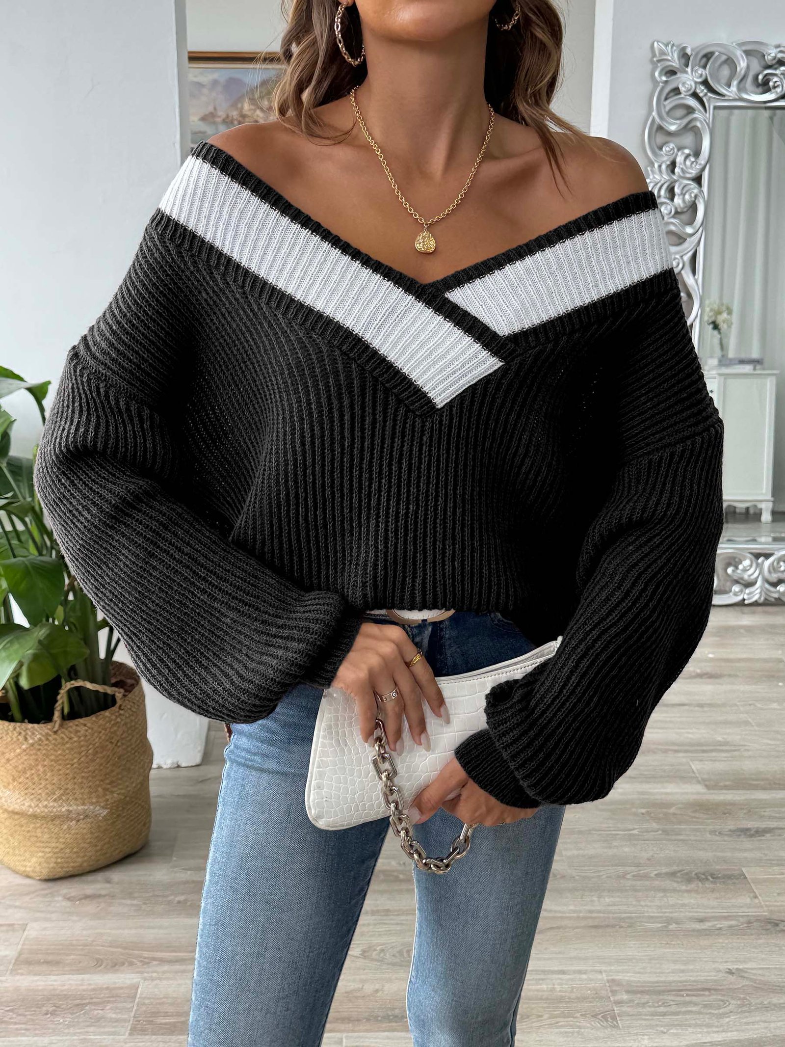 Contrast Dropped Shoulder Long Sleeve Sweater - Image 7