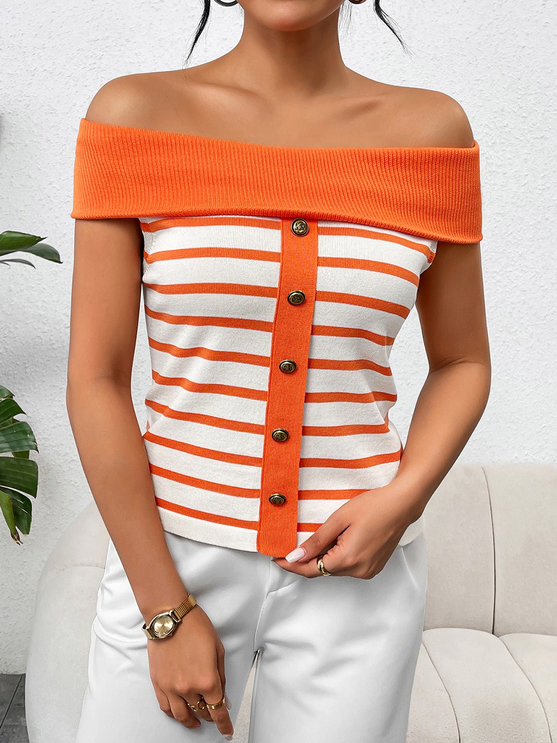 Decorative Button Striped Off-Shoulder Knit Top - Image 6
